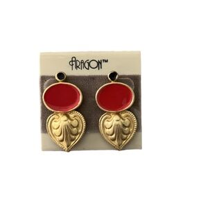 Vintage Aragon Gold Tone & Red Enamel Pierced Earrings